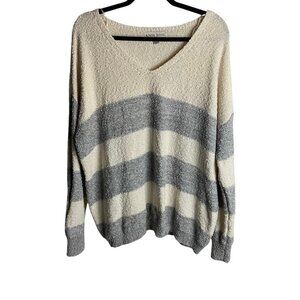 Knox Rose Size Xl Chunky Popcorn knit Striped Sweater Cream Gray V Neck Slouchy
